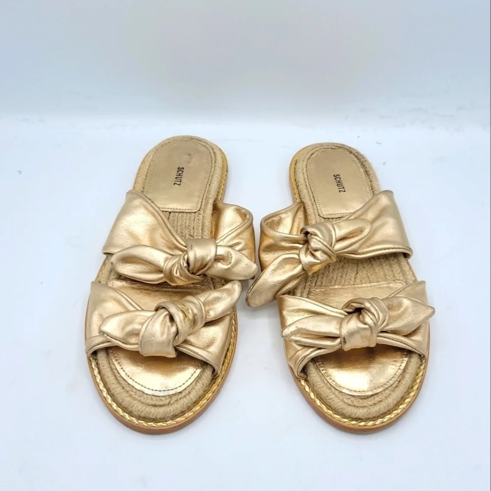 SCHUTZ Metallic Espadrille Slide Sandals Soft Gold Size 37.